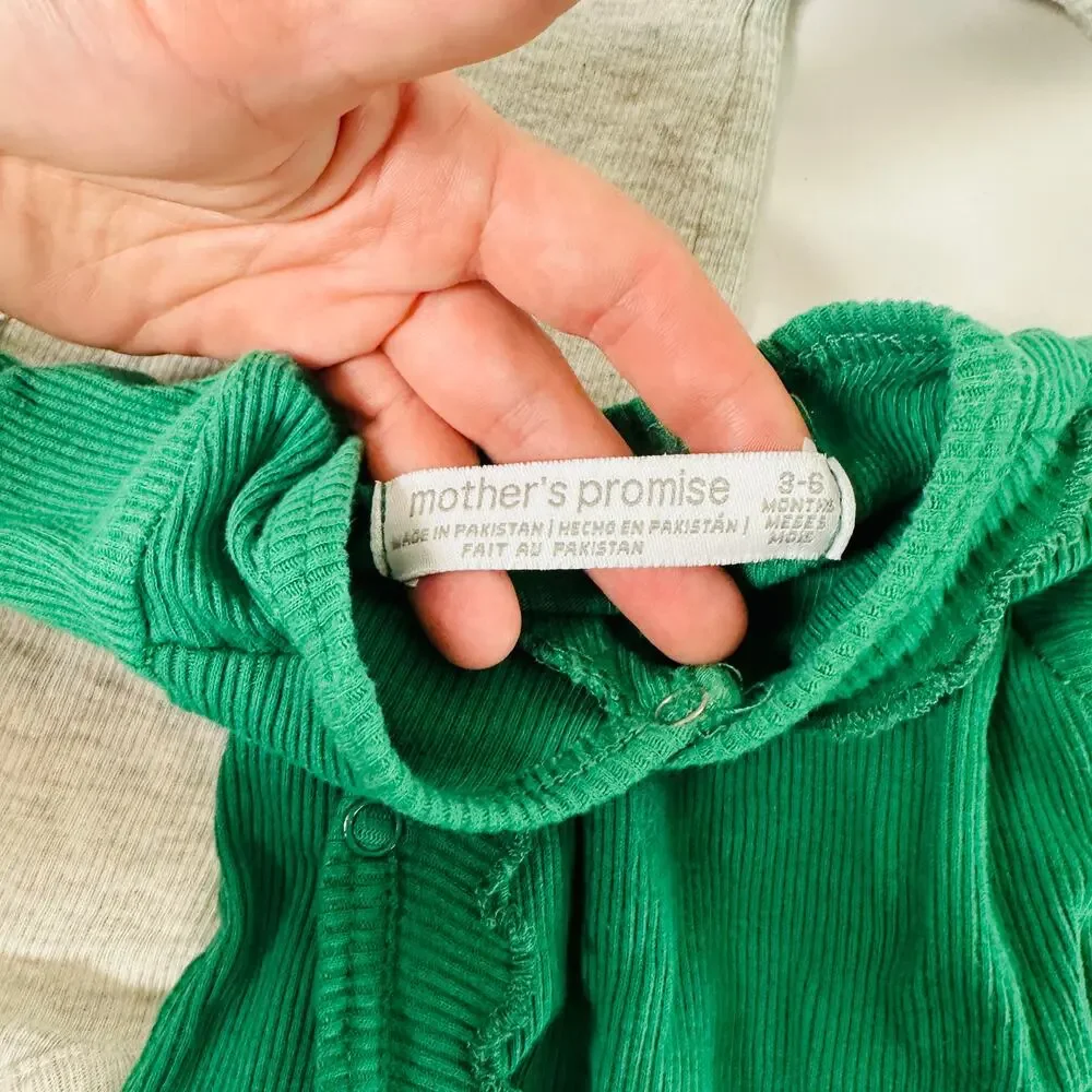 Mother's Promise Bundle of 2 Green & Gray Long Sleeve Ruffle Bodysuit Sz 3-6 mo